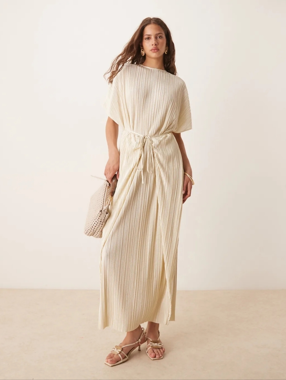 Cream Pleated Drawstring Waist Women’s Dress